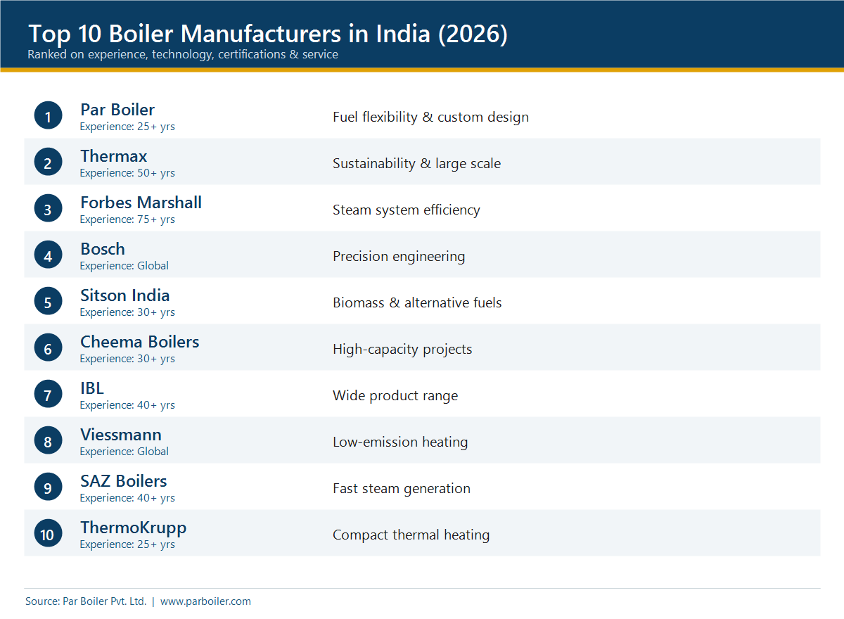 Comparison infographic of the top 10 boiler manufacturers in India 2026 ranked by experience and strengths